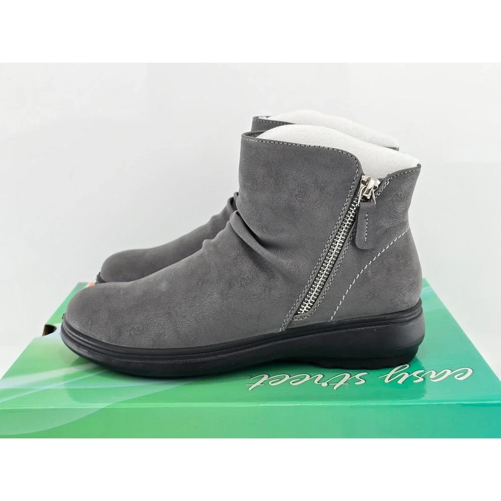 Easy Street Lyra Ankle Boots Women 5.5 Grey Matte Ruched Side Zip - New